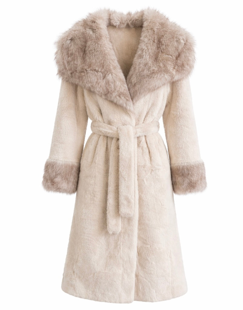 Ivory Faux Fur Long Coat with Plush Collar