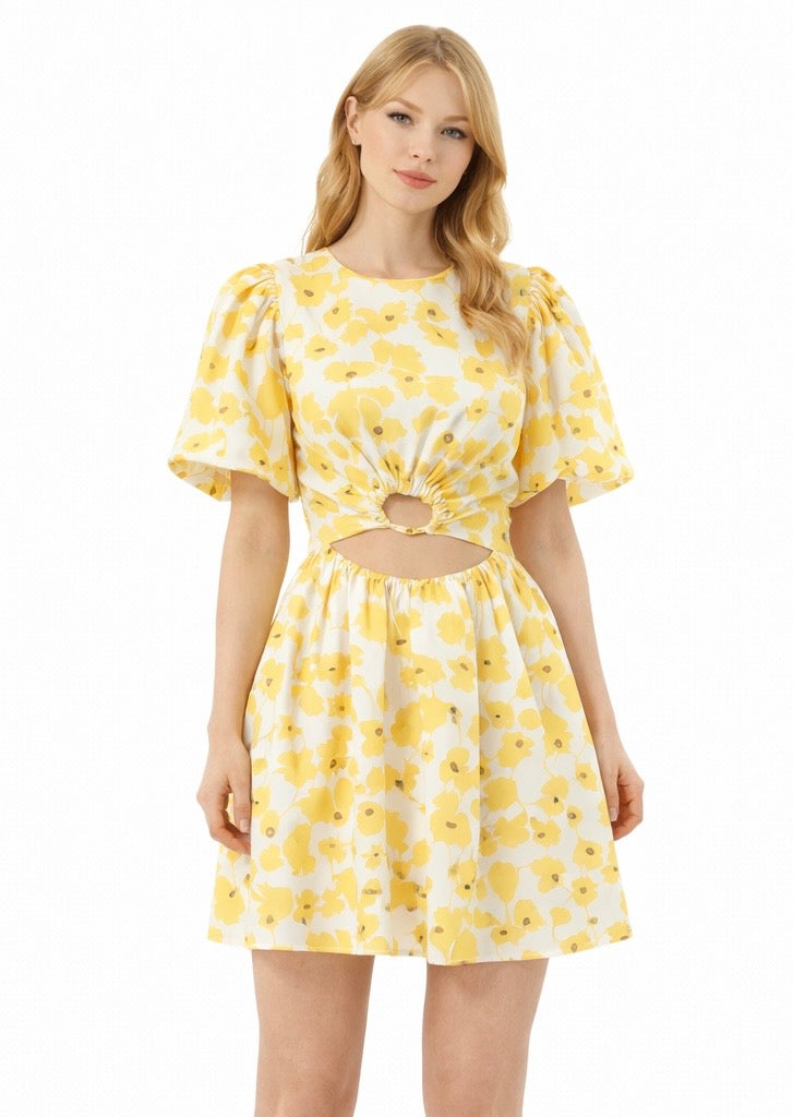 Yellow Floral Cut-Out Mini Dress