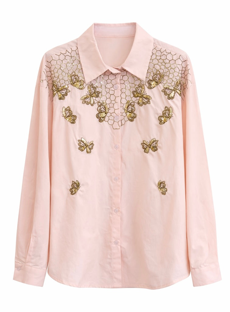 Blush Pink Butterfly Embroidered Shirt
