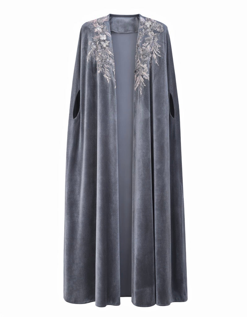 Embroidered Velvet Cape in Steel Grey