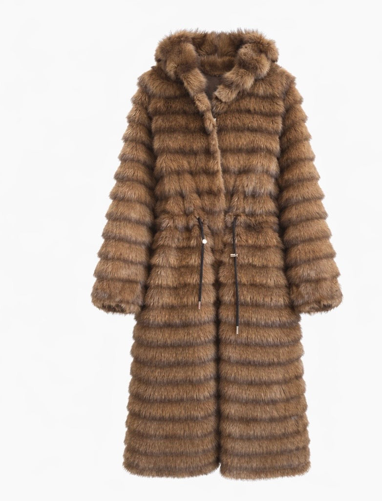 Hooded Faux Fur Maxi Coat – Brown