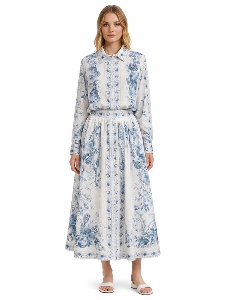 Elegant Blue Toile Print Shirt and Skirt Set