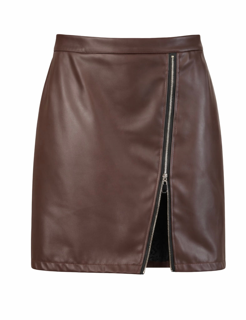 Zipper-Front Faux Leather Mini Skirt With Lace Inset