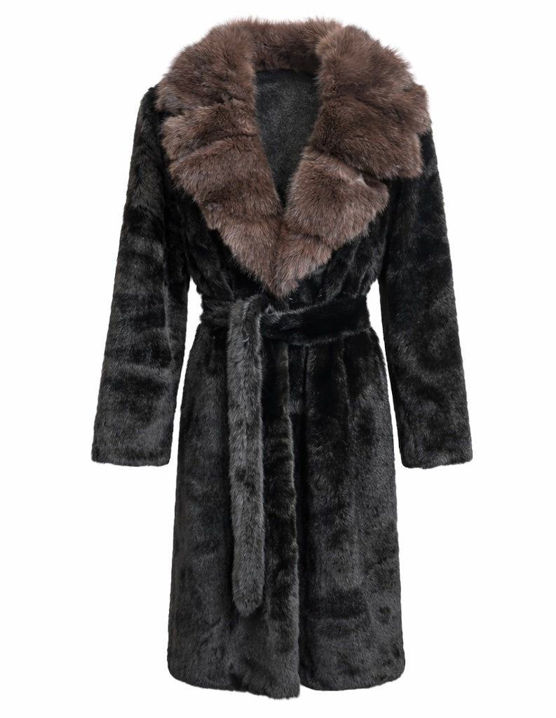 Long Eco Fur Coat with Plush Hood & Belt
