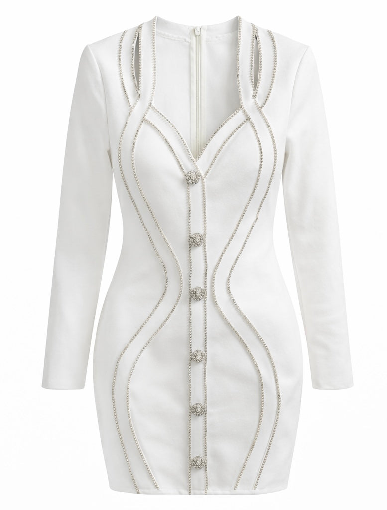 Midnight Crystal Contour Bandage Dress White