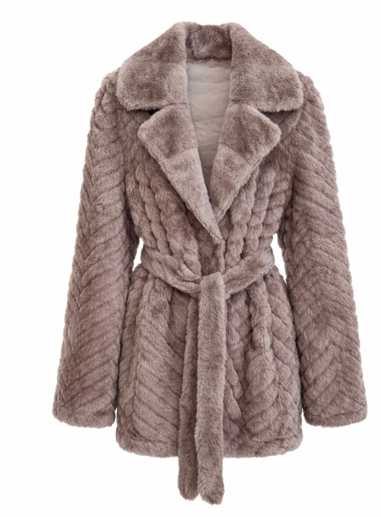 Soft Taupe Eco Fur Belted Coat