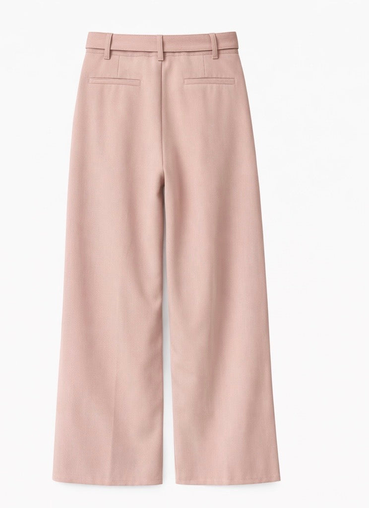 High-Waist Wide Leg Belted Trousers - Blush , light blue