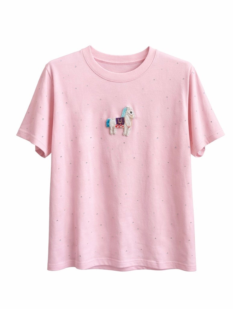 Horse Patch Sparkle Tee - Pink , Light Blue , Black , White