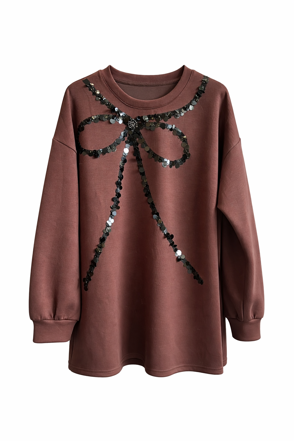 Statement Bow Sequin Sweatshirt - Chocolate Brown