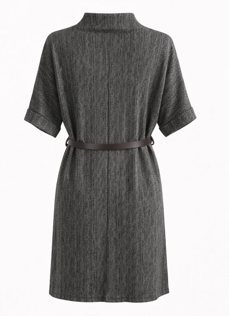 Textured Belted Mock Neck Midi Dress