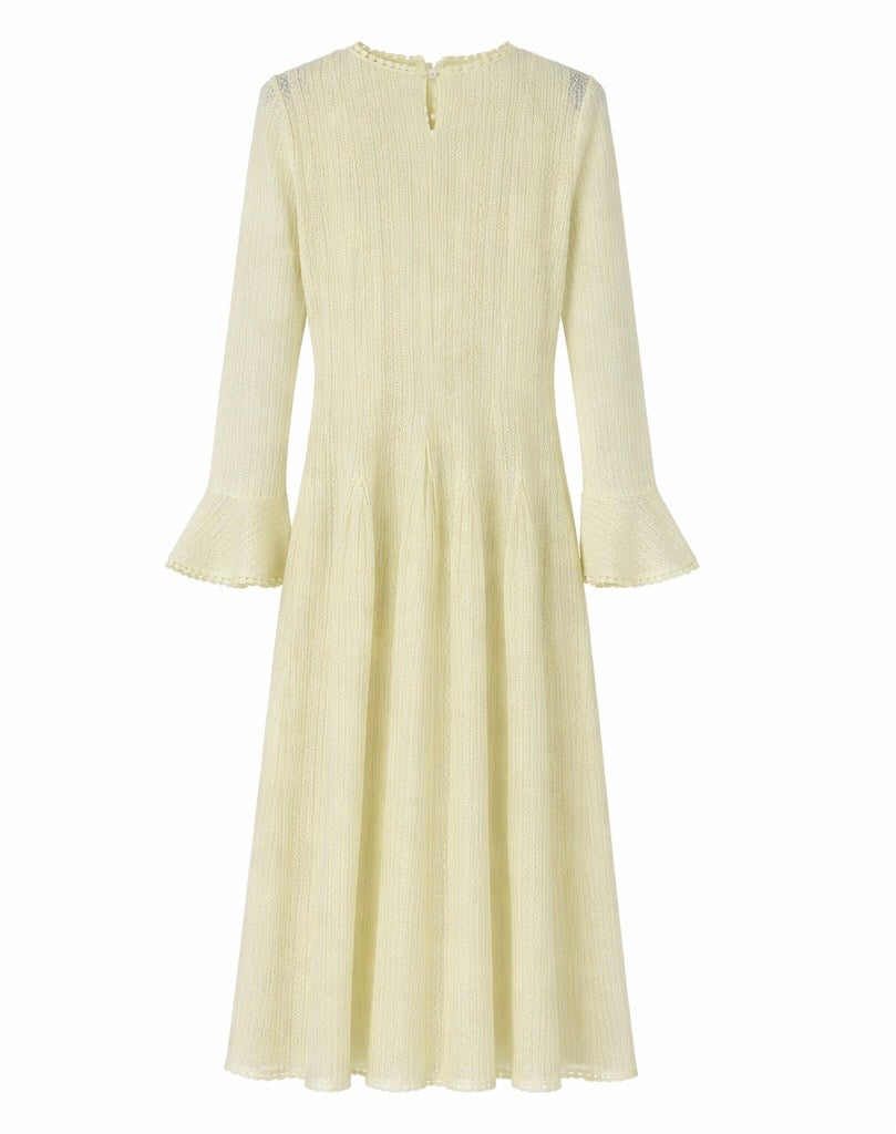 Elegant Pastel Long Sleeve Midi Dress , Lemon & butter yellow