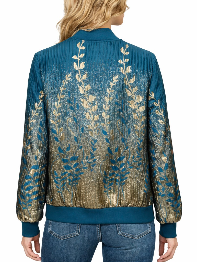 Luxury Teal & Gold Floral Embroidered Bomber Jacket
