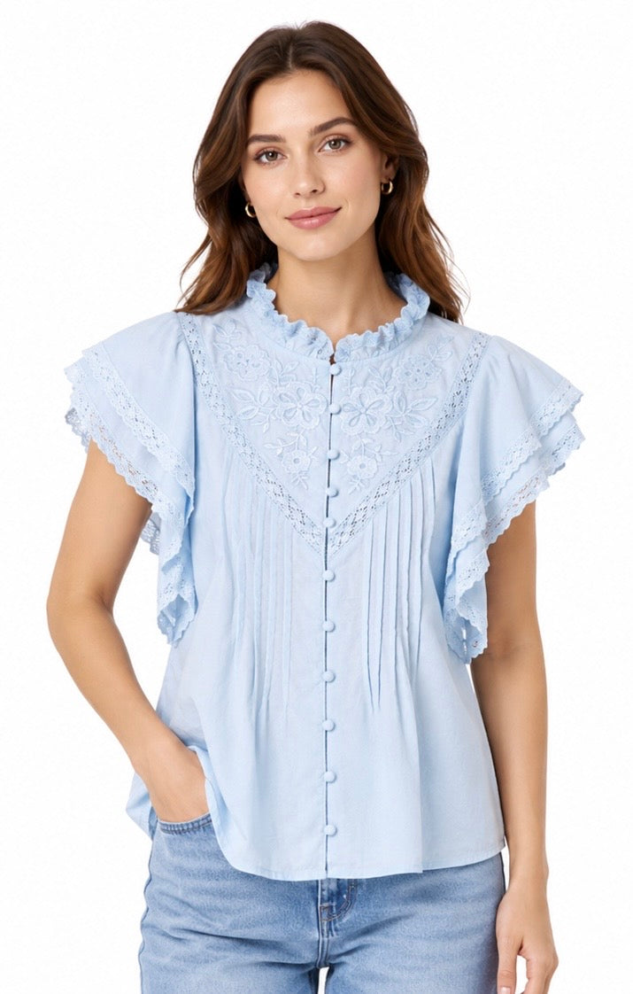 Sky Blue Lace Flutter Sleeve Blouse