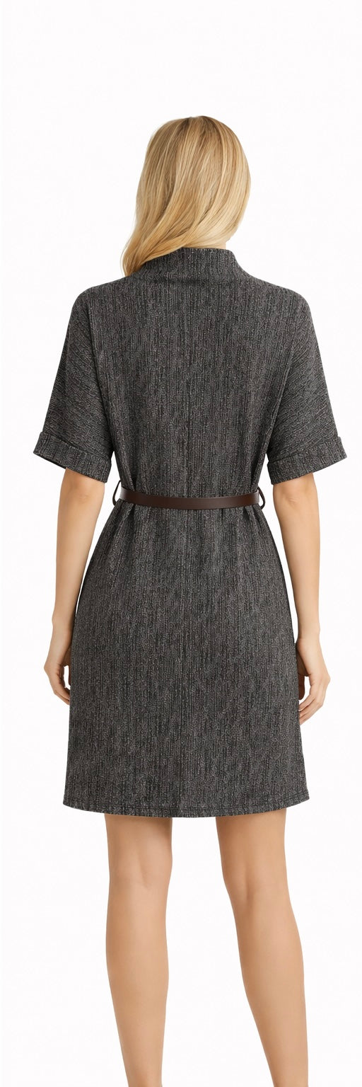 Textured Belted Mock Neck Midi Dress