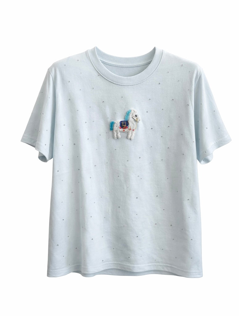 Horse Patch Sparkle Tee - Pink , Light Blue , Black , White