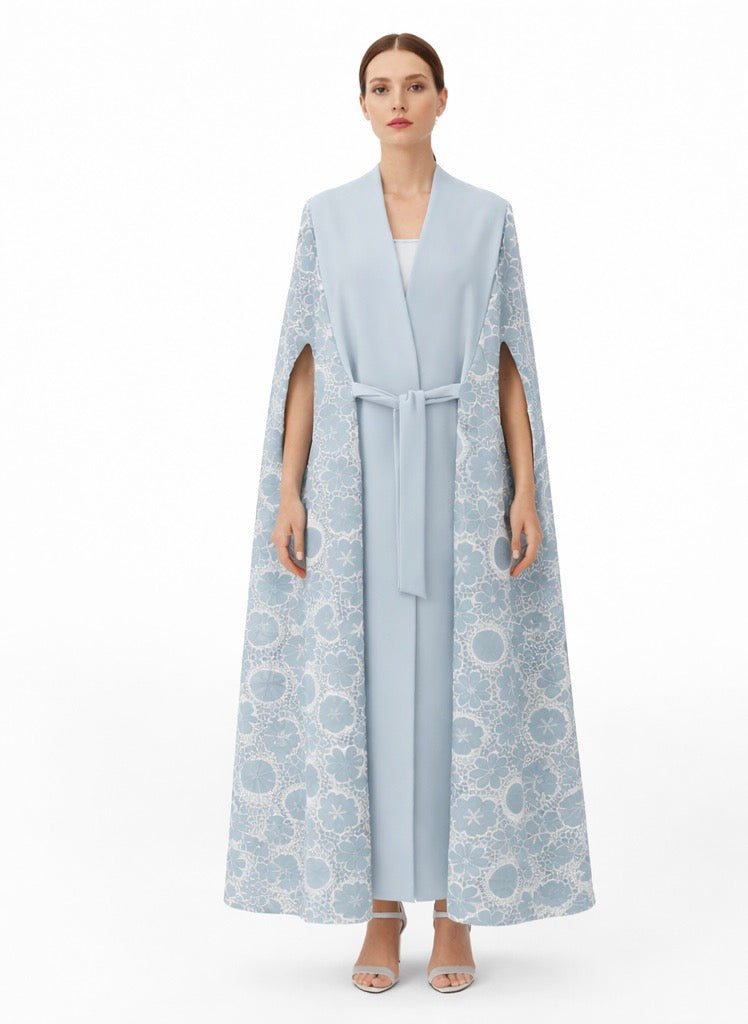 Powder Blue Floral Lace Panel Kimono Cape