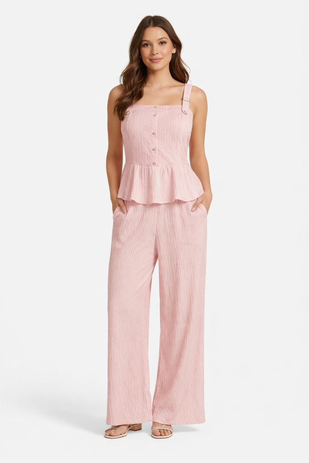 Textured Peplum Co-Ord Set – White , yellow , Pink