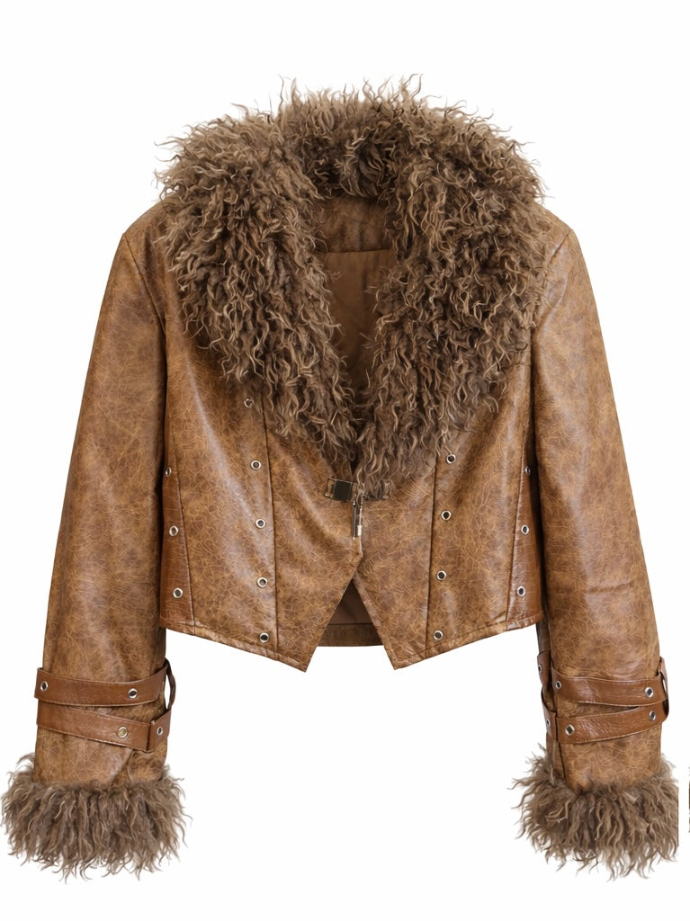 Faux Leather Shearling Collar Cropped Jacket