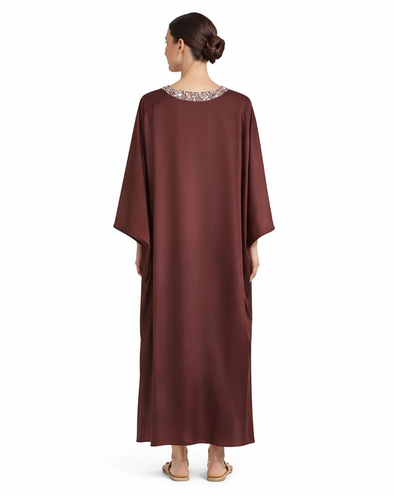 Beaded Neckline Brown Kaftan Dress