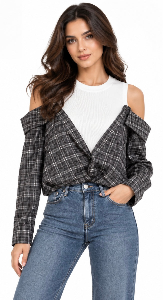 The Plaid Draped Cutout Top