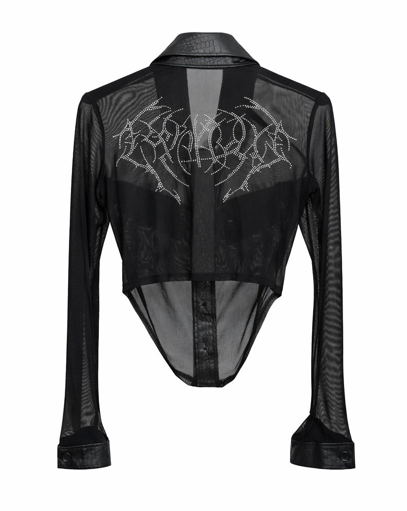 Sheer Mesh Studded Faux Leather Collar Shirt – Black