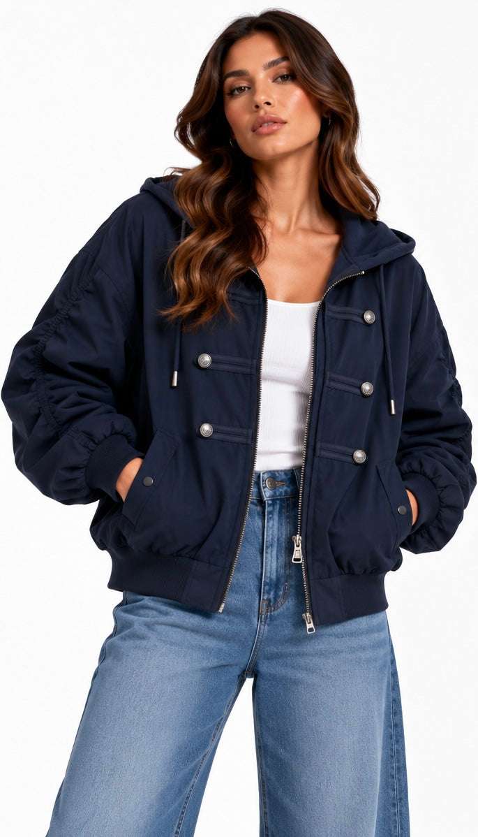 Hooded Utility Bomber Jacket ( Navy , Olive , Black , Brown )