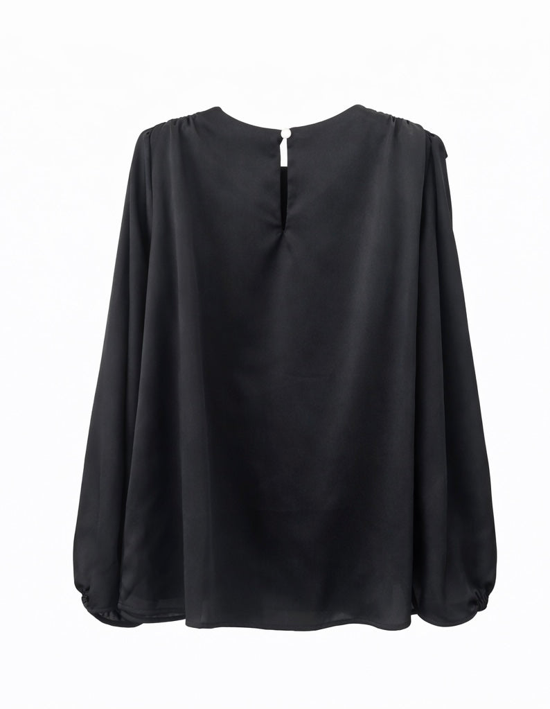 Elegant Black Satin Balloon Sleeve Blouse