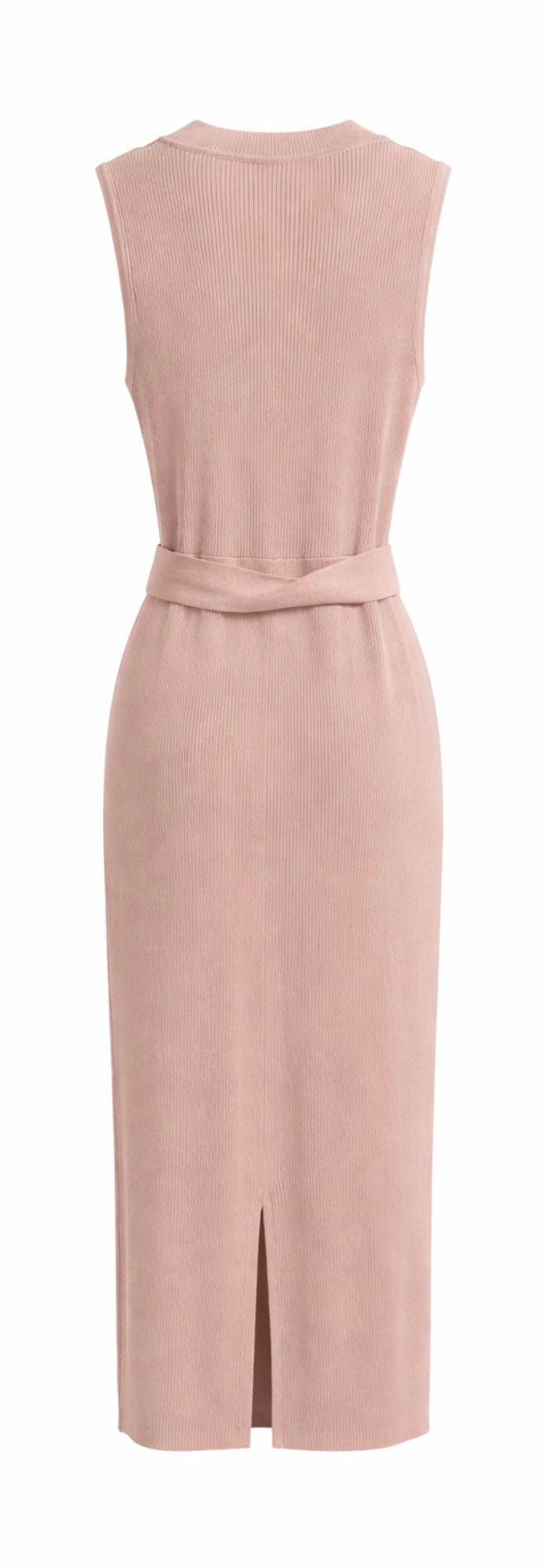 Elegant Blush Ribbed Knit Midi Dress with Belt