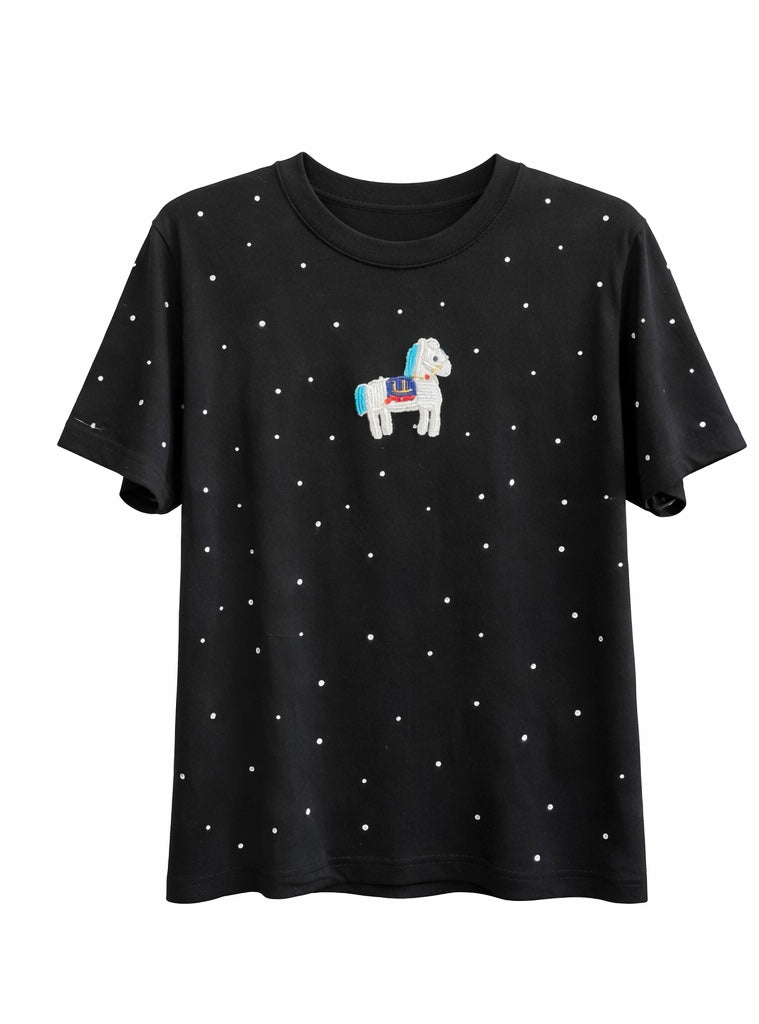 Horse Patch Sparkle Tee - Pink , Light Blue , Black , White