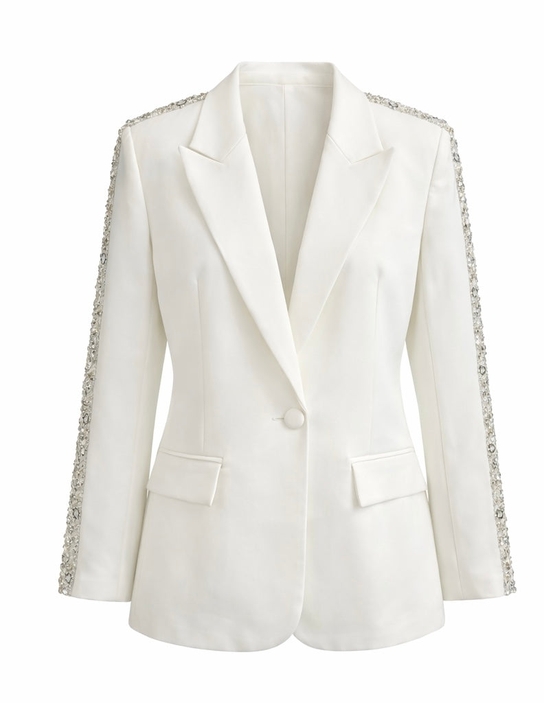 White Embellished Blazer & Flared Pants Suit Set