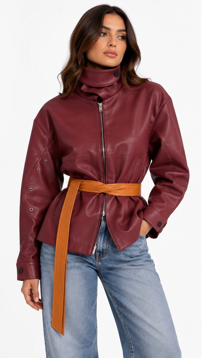 Cognac Leather Belted Jacket