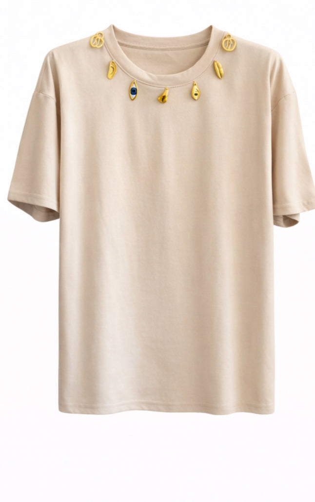 Beige Gold Charm Embellished T-Shirt