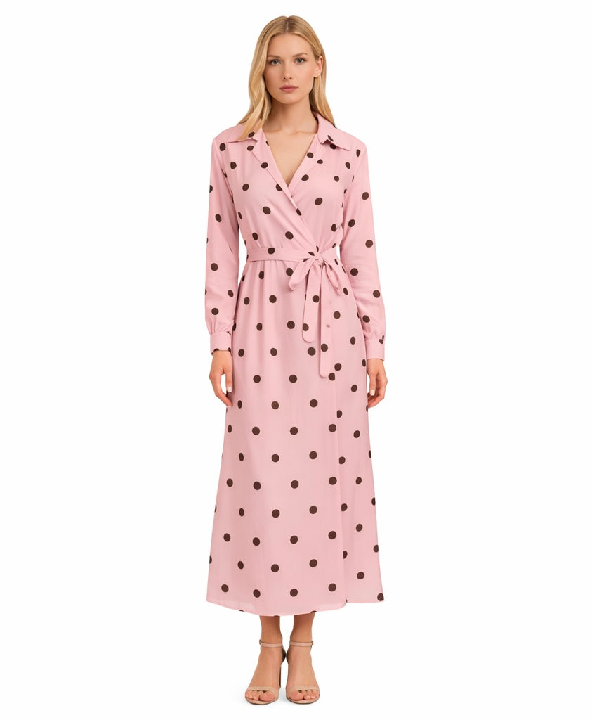 Polka Dots Blush Pink Brown Belted Dres