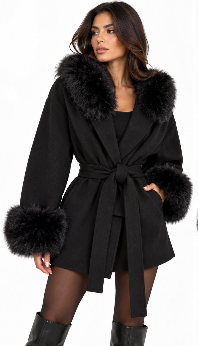 Fur-Trimmed Wrap Coat ( Blush , Icy Blue , Grey , Black , Brown , Burgundy )