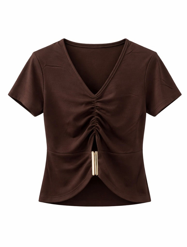 V-Neck Ruched Short Sleeve Top - Brown, Black , White , Olive Green , Beige