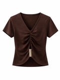 V-Neck Ruched Short Sleeve Top - Brown, Black , White , Olive Green , Beige