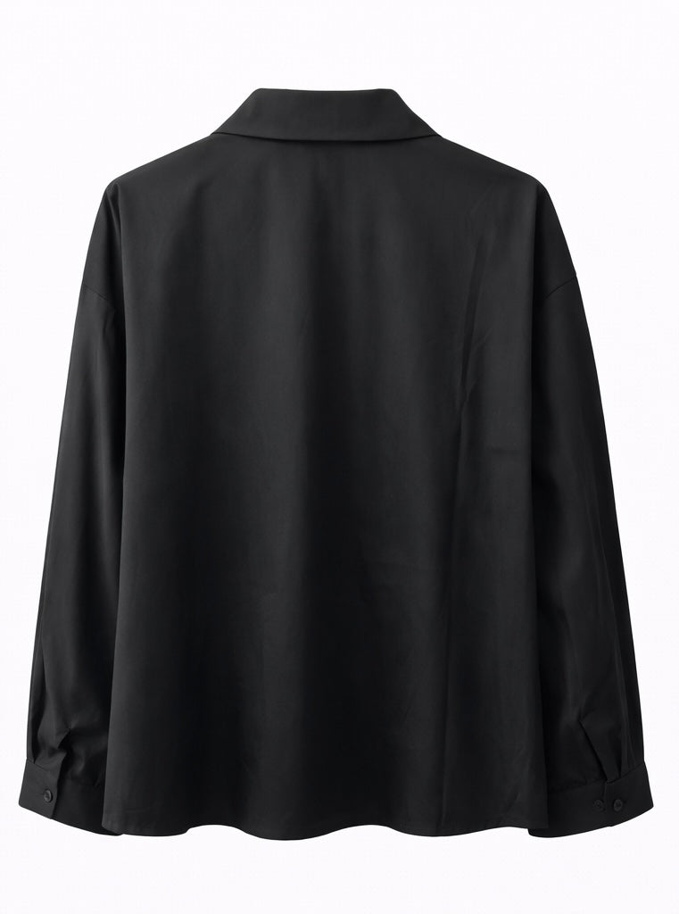 Button-Up Shirt with Rhinestone Tie - Black , White
