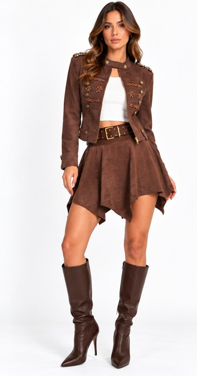 Embellished Military Suede Jacket ( Olive , Beige , Brown )