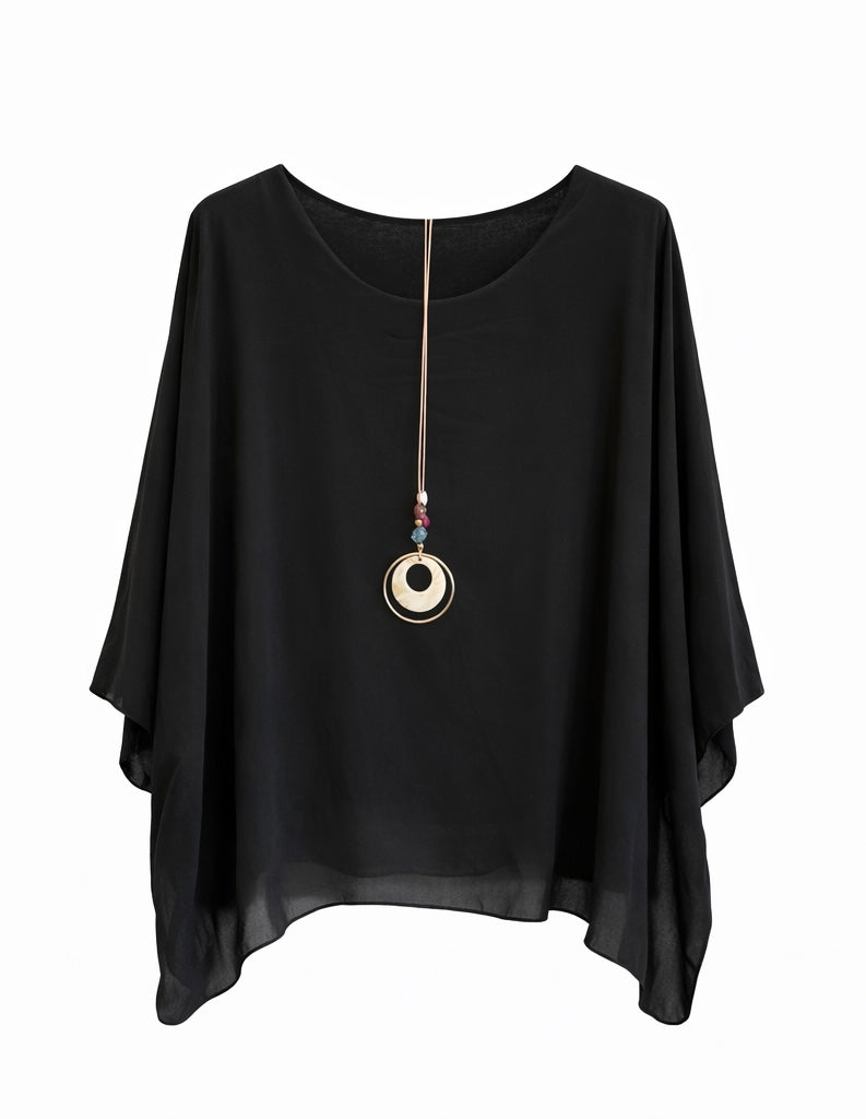 Loose Fit Batwing Sleeve Blouse with Pendant - Olive green , Beige , black