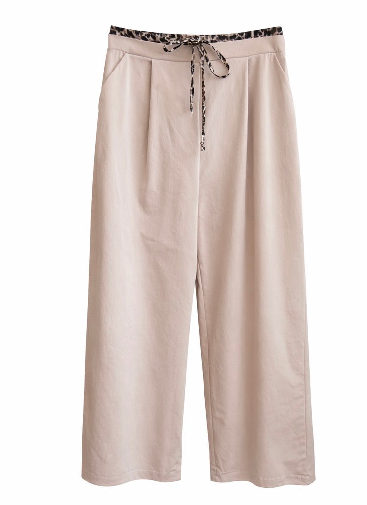 Beige Wide-Leg Drawstring Pants with Leopard Waist Detail