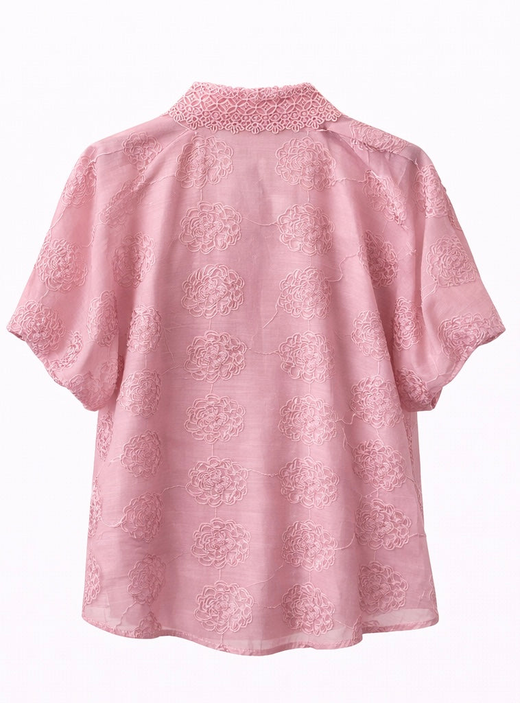 Embroidered Lace Collar Blouse - Pink , Sky blue