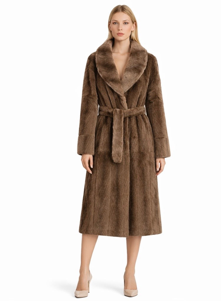 Tailored Eco Fur Coat with Belt Brown