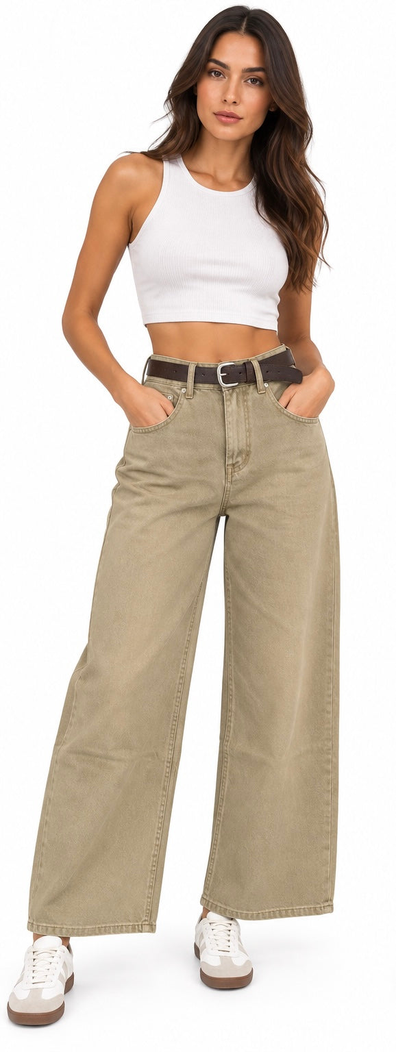 HighWaisted WideLeg Khaki Jeans