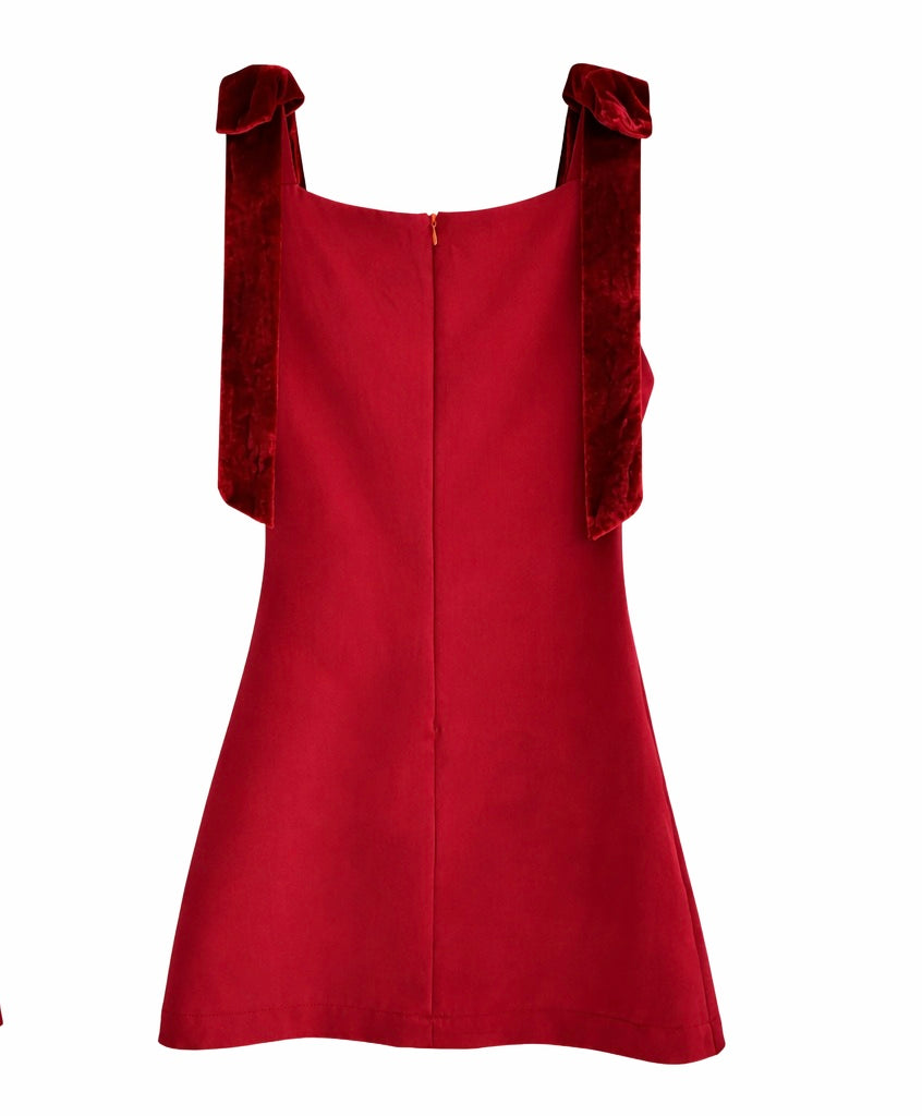 Amour Velvet Bow Mini Dress Burgundy