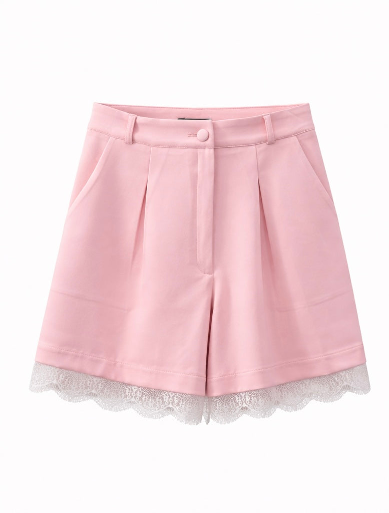 Chic White Lace Detail Shorts - Pink , White