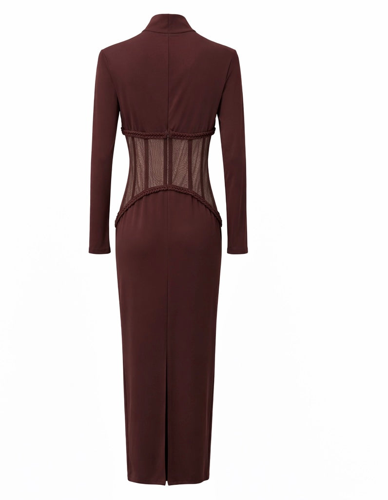 Chocolate Brown Mesh Corset Slim-Fit Maxi Dress