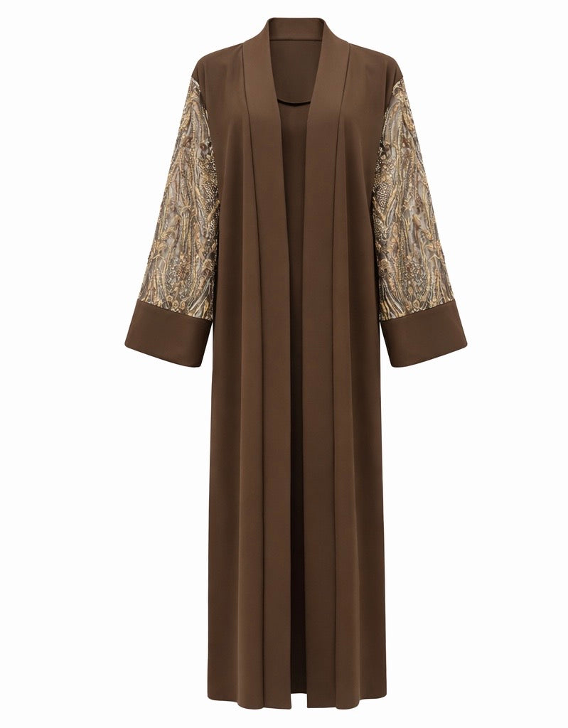 Occasion Abaya with Embellished Sleeves – Brown