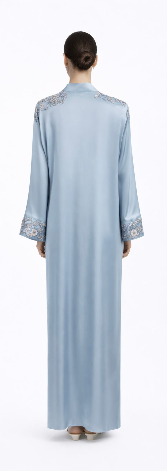 Ice Blue Embroidered Satin Abaya