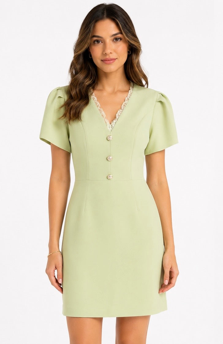 Lace Trim Mini Dress ( Pistache , Pink,Lila )