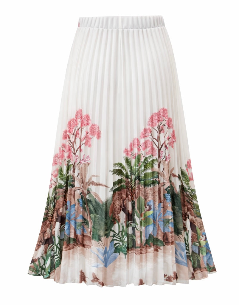 Tropical Print Pleated Midi Skirt